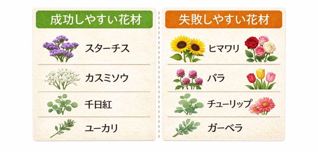 成功しやすい花材と失敗しやすい花材一覧表