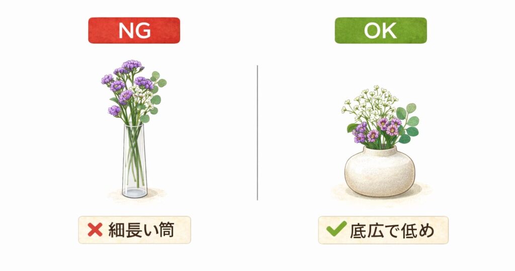ドライフラワーにNGの花瓶とOKの花瓶比較図