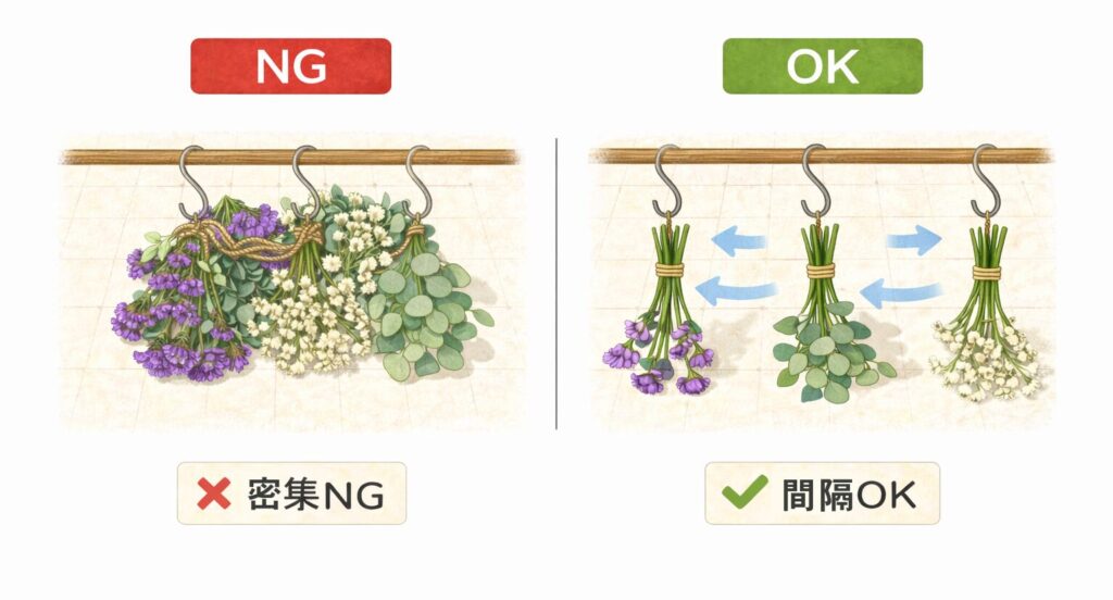 フラワーの乾燥させ方NGとOKの比較図