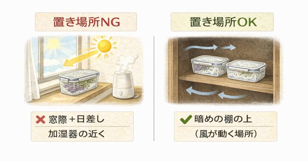 ドライフラワーの置き場所NGとOKの比較図