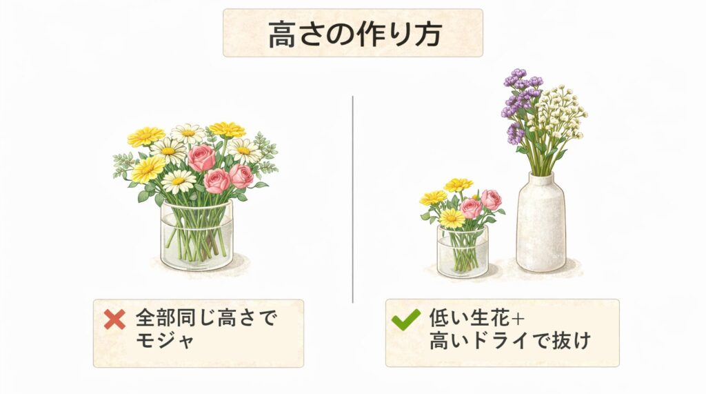 高さの違いを比較する図：同じ高さでモジャト低い生花+高いドライ
