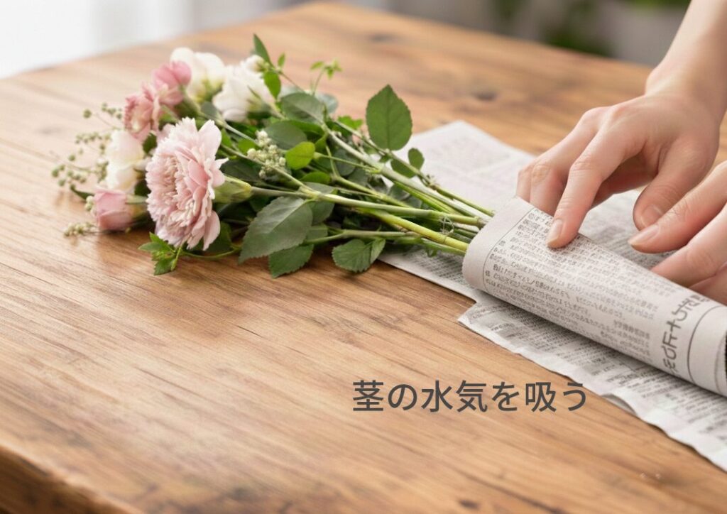 新聞で花を包んでいる写真