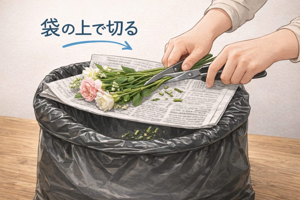 枯れた花をゴミ箱の上で切る図