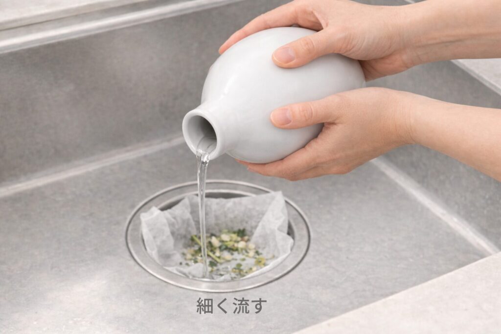 排水口のゴミ受けにキッチンペーパーを敷き水を細く流す図