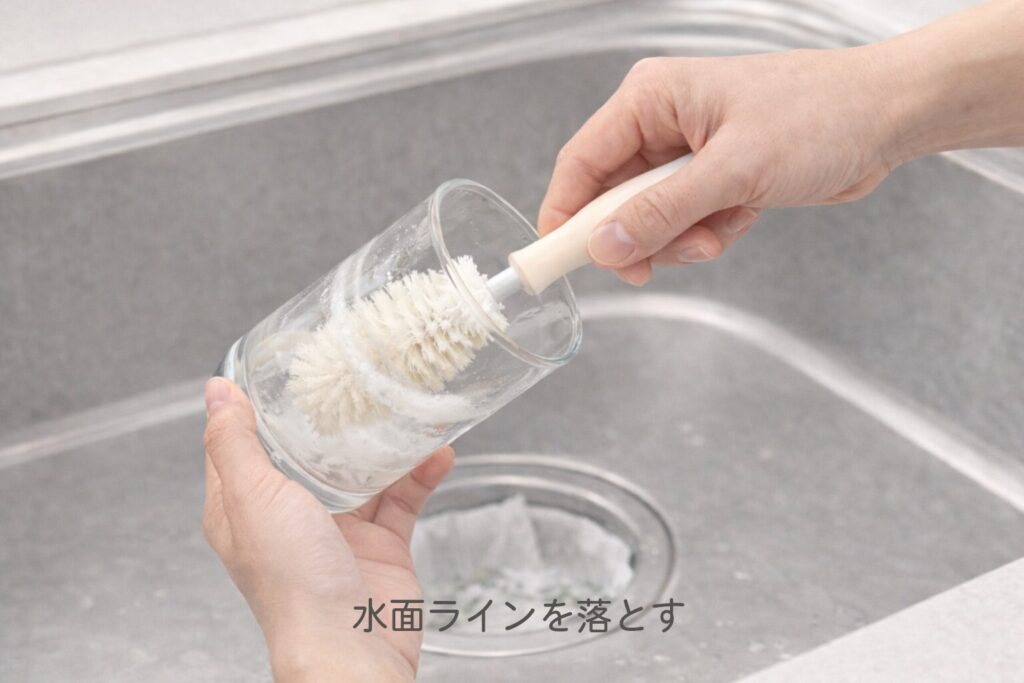 花瓶をブラシで洗っている図