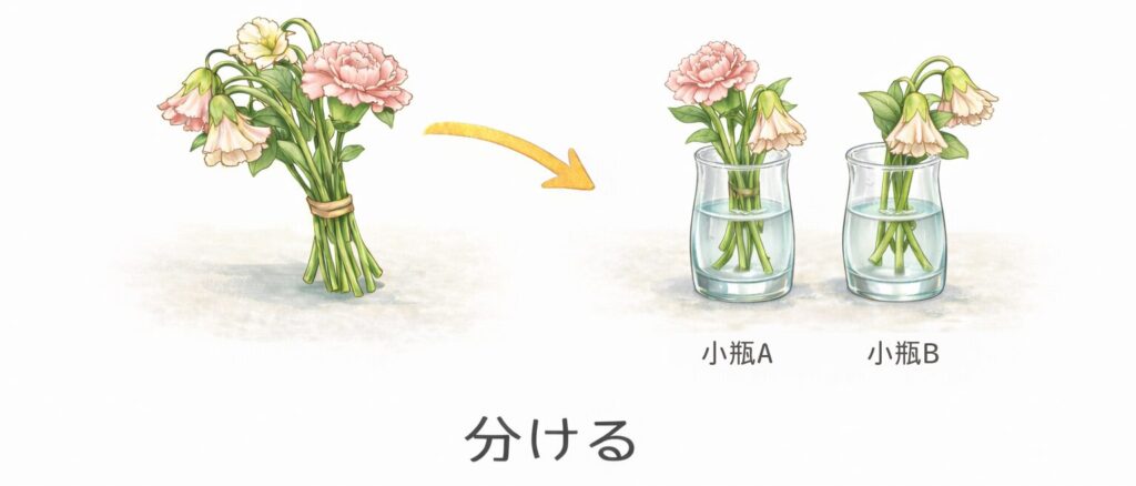 花を小瓶Aと小瓶Bに分けた図
