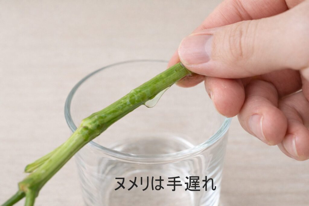 ヌメリの出た茎を触っている写真