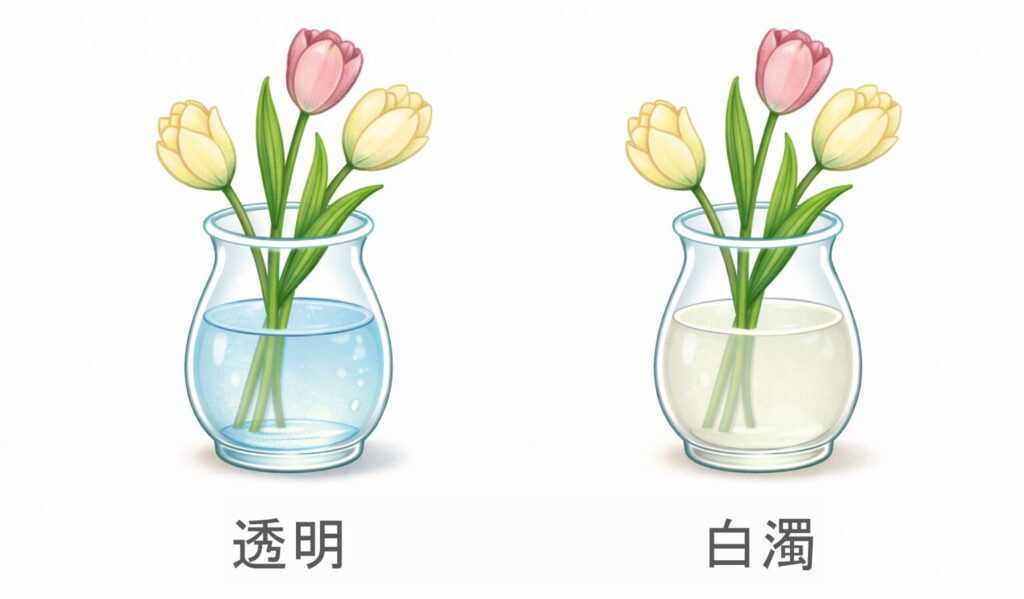 水が透明の花瓶と白く濁った花瓶の対比図