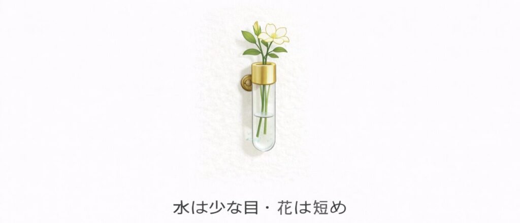 水少な目・花短めにした試験管型花瓶の図