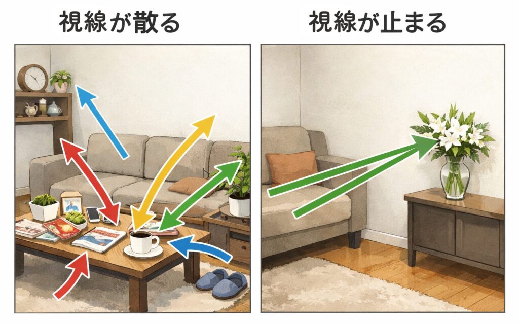 小物が多いリビングと花を飾り整頓されたリビングの対比図