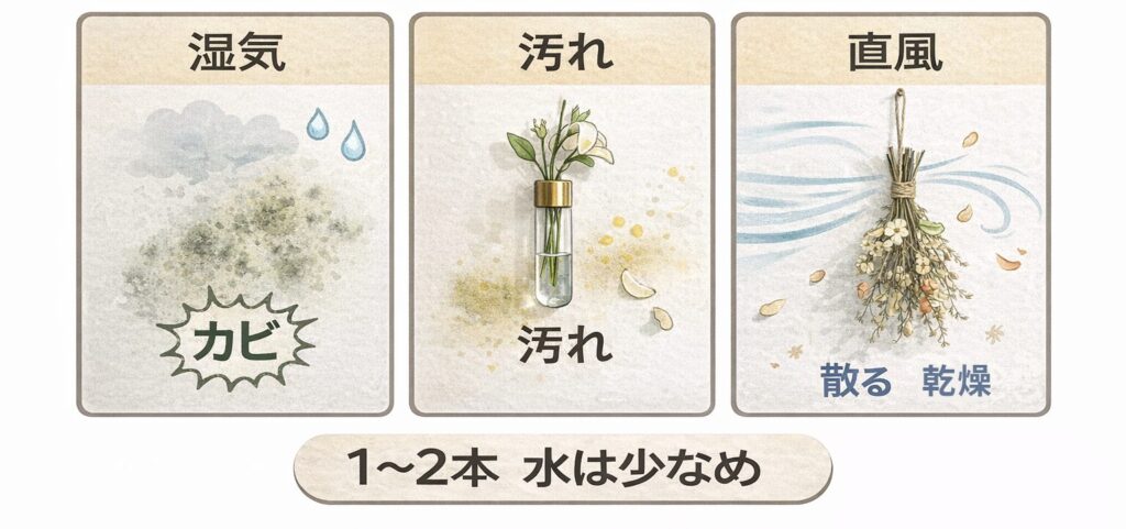 湿気・汚れ・直風で壁が汚れた図