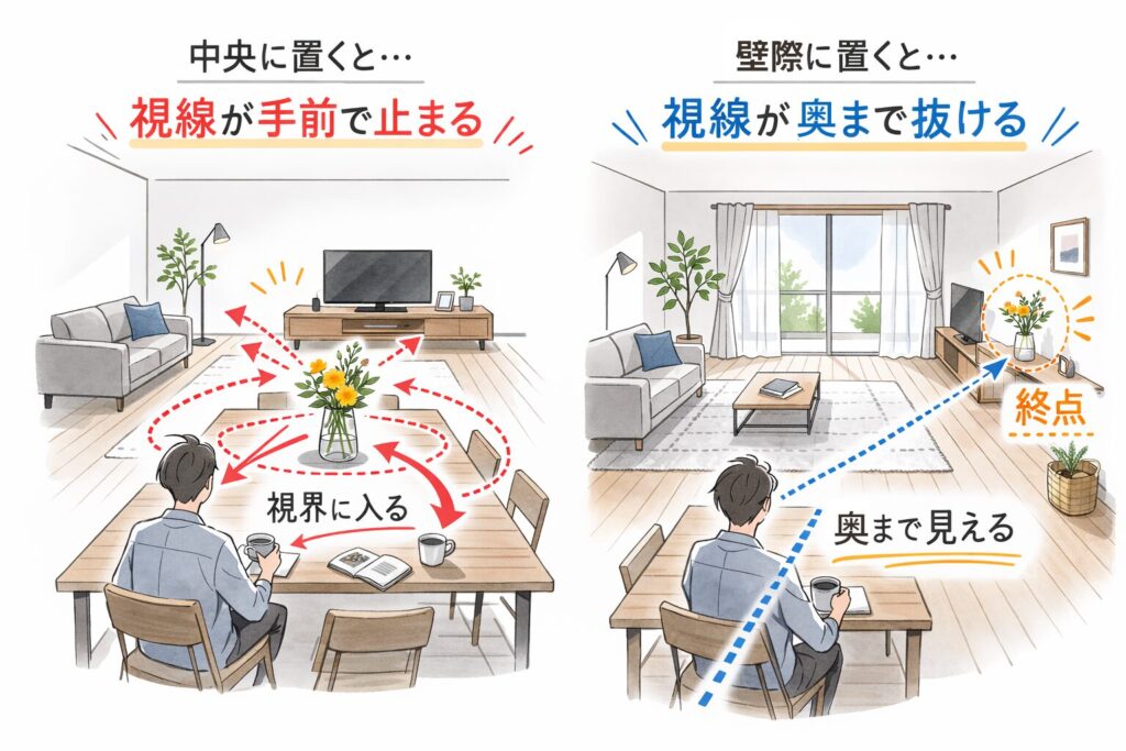 花の置き場所の対比図:中央と壁際