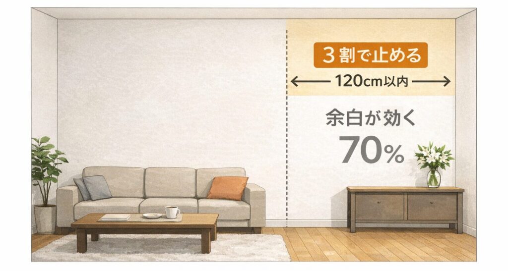 壁面3割程度に飾りを抑えたリビングの図