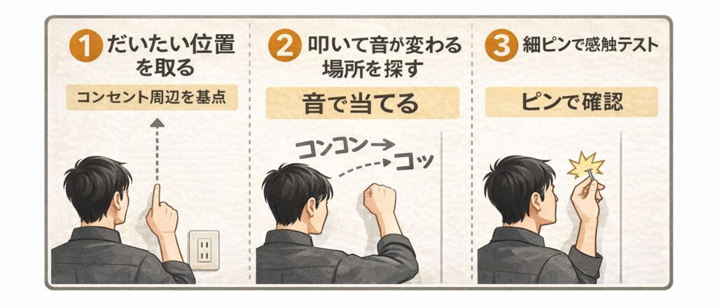 壁を叩いて確認している図