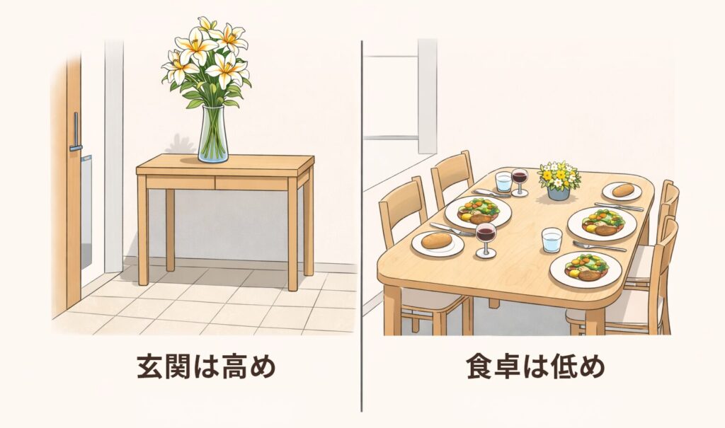 玄関に置いた背が高い花と食卓に置いた背が低い花の比較図