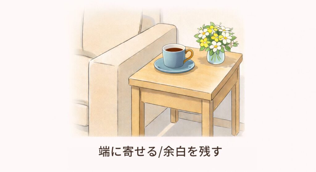 サイドテーブルの端に寄せた花の図