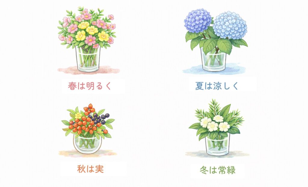 季節の花の例を図解：春は明るく・夏は涼しく・秋は実・冬は常緑