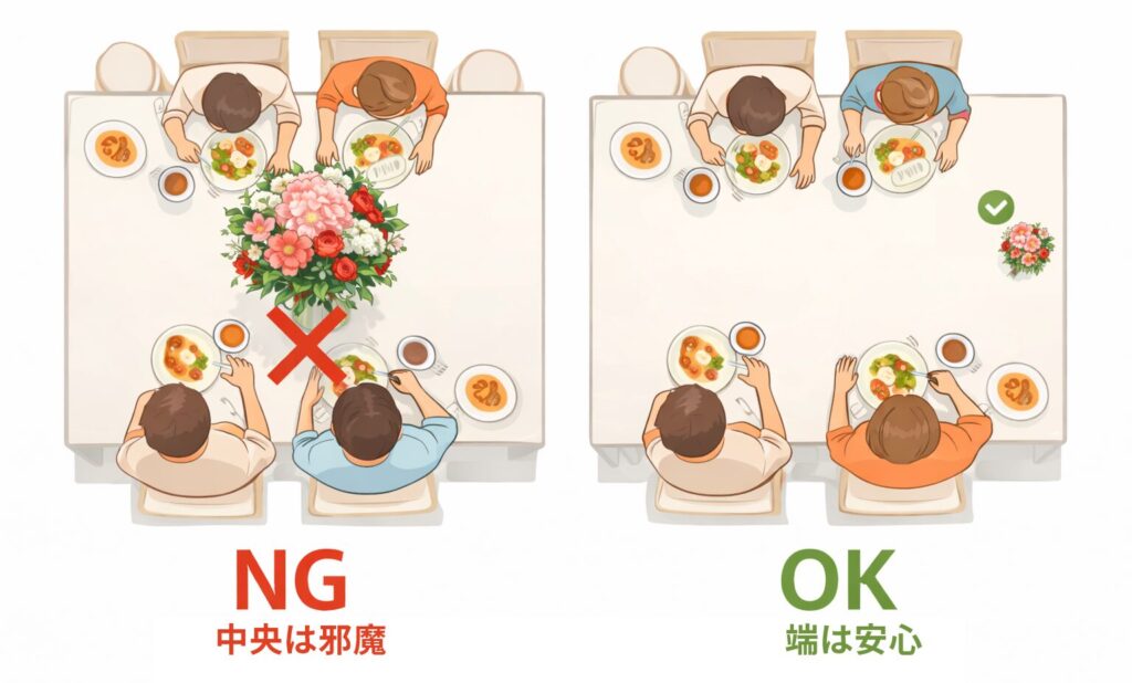 テーブルの花の配置の比較図：中央に大き目の花と端に小さ目の花