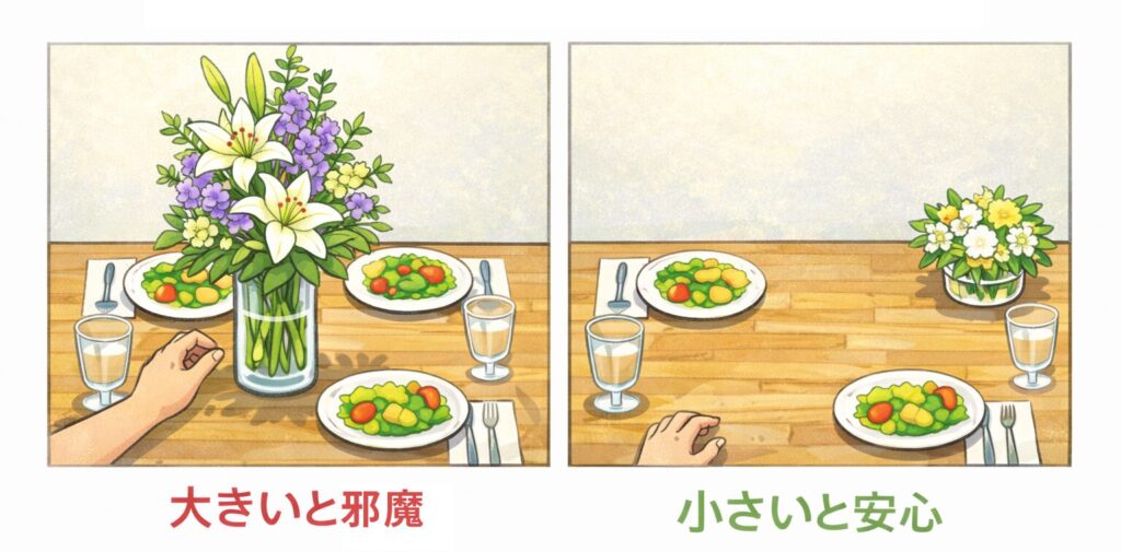 食卓に置いた大きい花と小さい花の比較図
