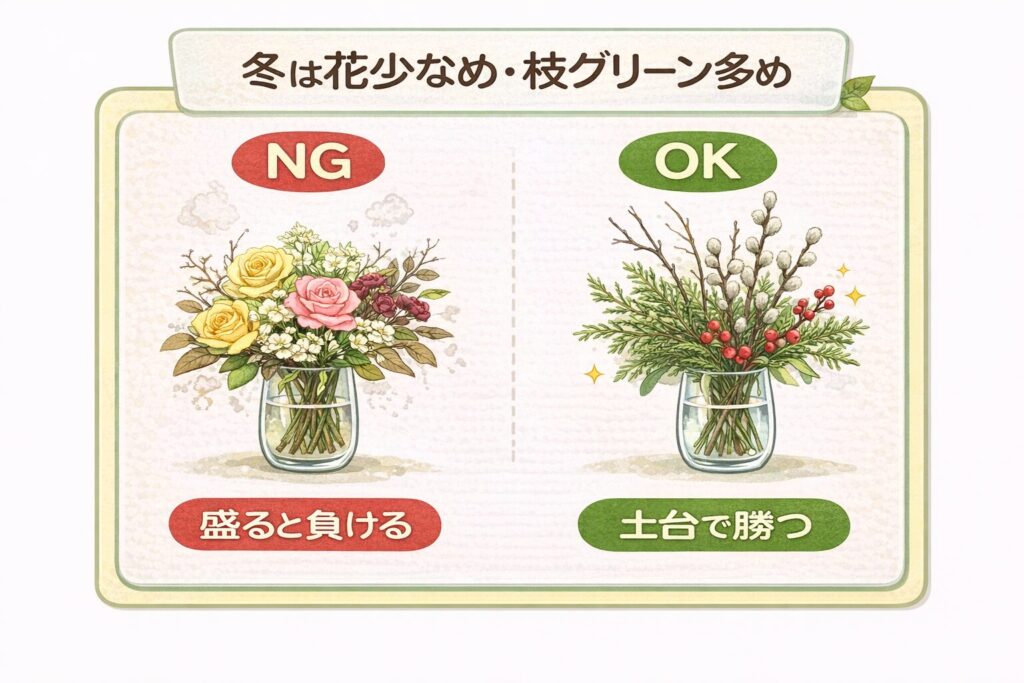 盛ったNGと花少な目OK花瓶の比較図