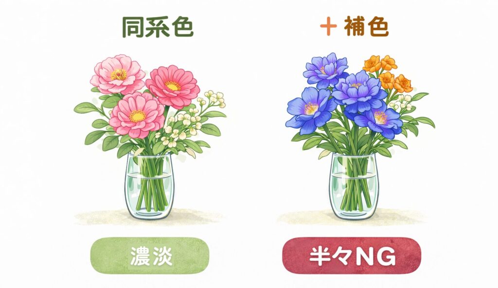 同系色で飾った花瓶と補足を入れた花瓶の図