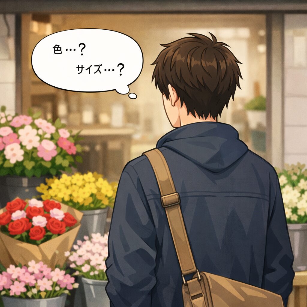 花の前で迷う男性の図