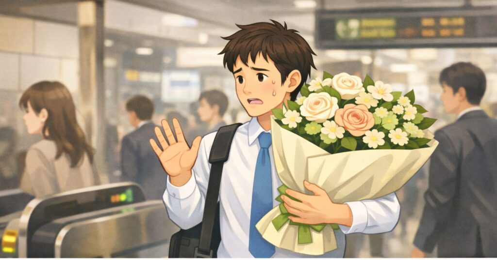 大きな花束を抱えて駅で困っている男性の図