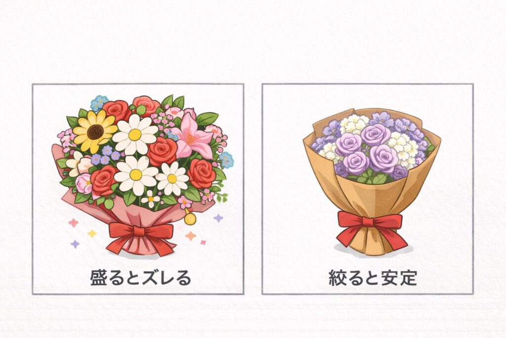 盛ってズレた花束と絞って安定の花束の対比図