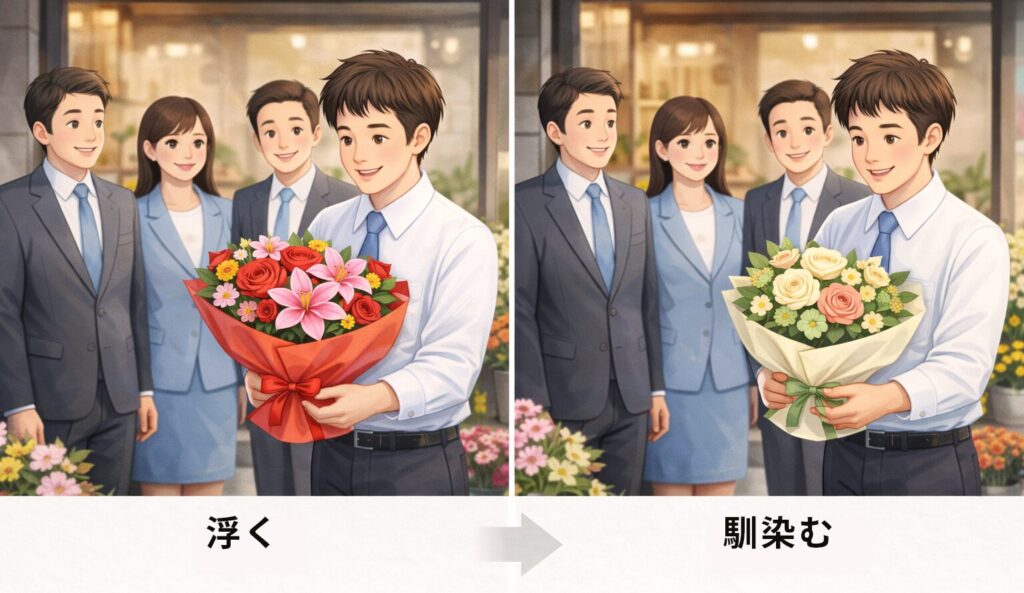 派手な花束を持つ男性ととしっくり馴染む花束を持つ男性の対比図