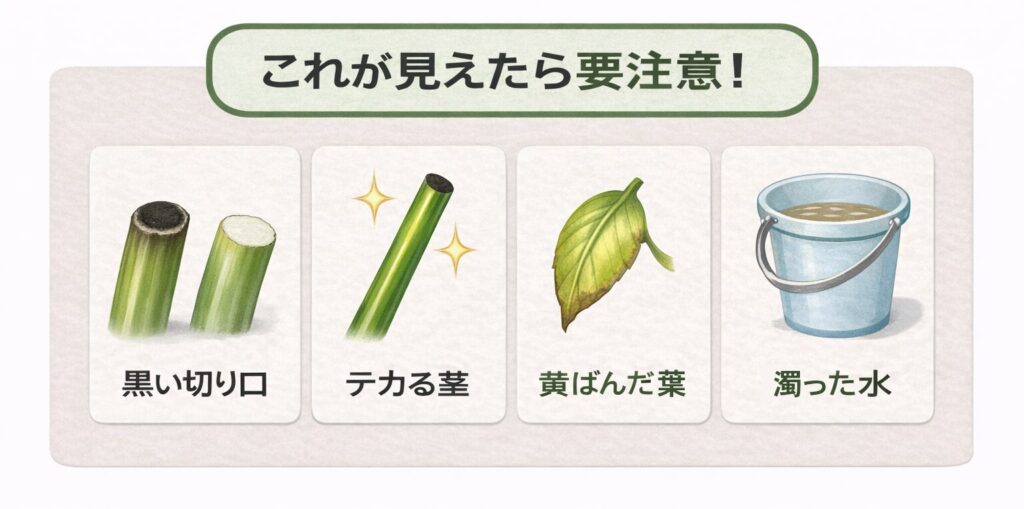 切り花を選ぶときに避けたい4つのサインの図