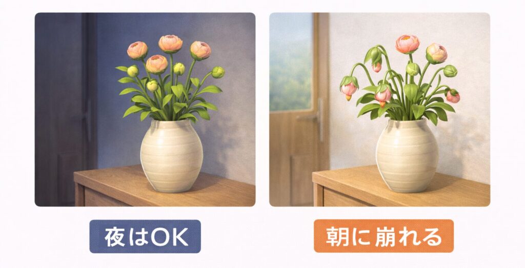 玄関に置いた花の夜と朝を比較する図
