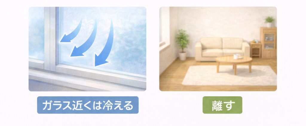 冷えた窓際と暖かいリビングの対比図